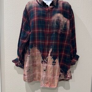 Red and Blue Button Down Shirt with Distressed Design